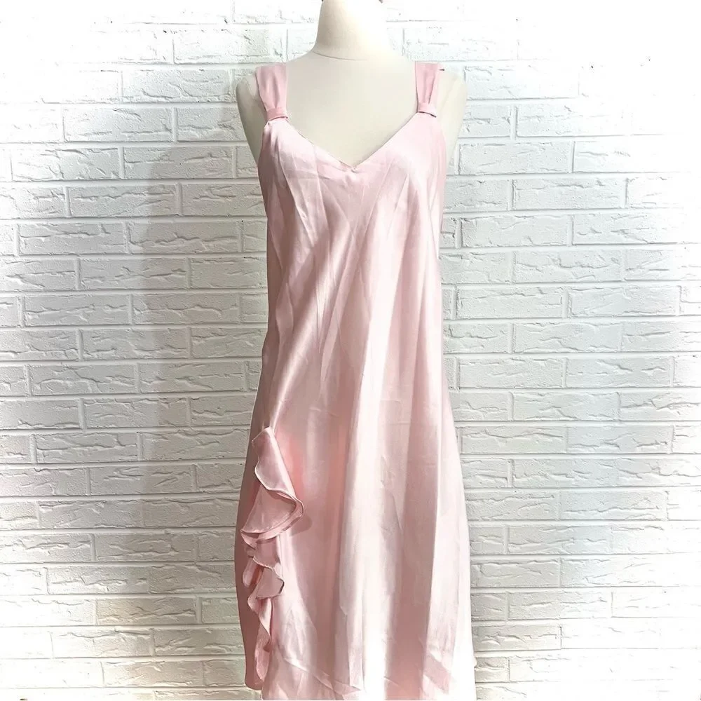 VINTAGE Gold Label Victoria’s Secret Light Pink Satin Ruffle Back Drop Gown Med